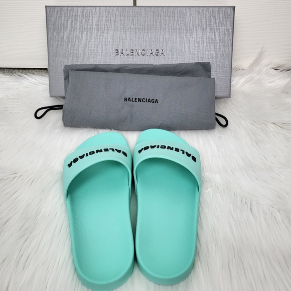 NIB BALENCIAGA Mint and Black Pool Slide Sandal Slippers Size 37 - Picture 6 of 8